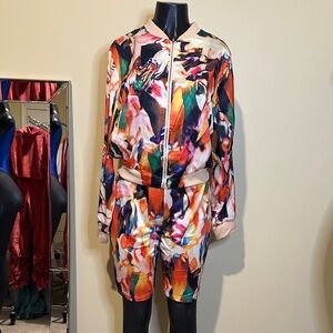 Colorful Abstract Print Bomber Jacket and Shorts Set